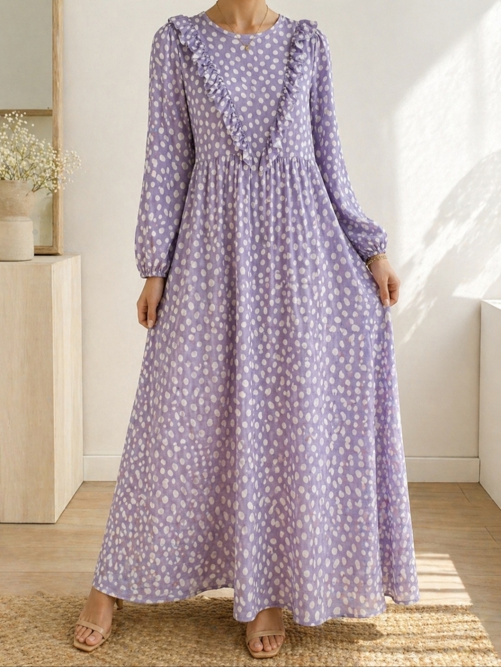 Zara Lavender Polka Dot Ruffle Maxi Dress Cottagecore Prairie Boho Purple